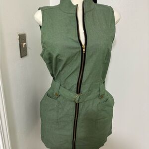 Olive Green Sleeveless Zip Front Utility Dress with Belt